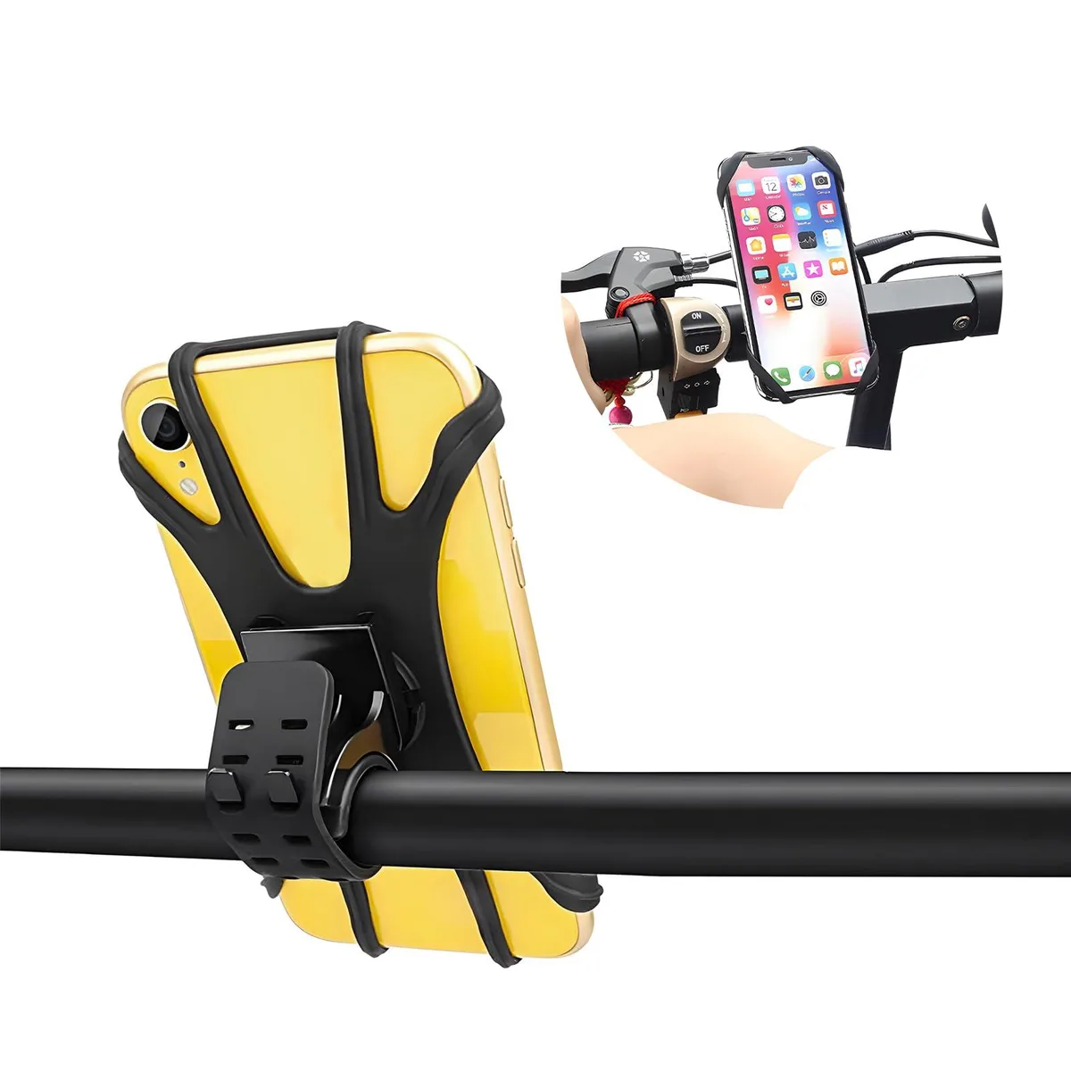 Silver bike phone holder with adjustable silicone strap and 360° rotating clamp