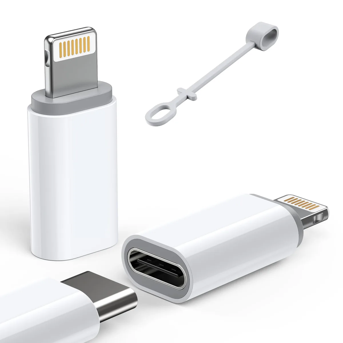 Two white USB-C to Lightning adapters with anti-loss loops