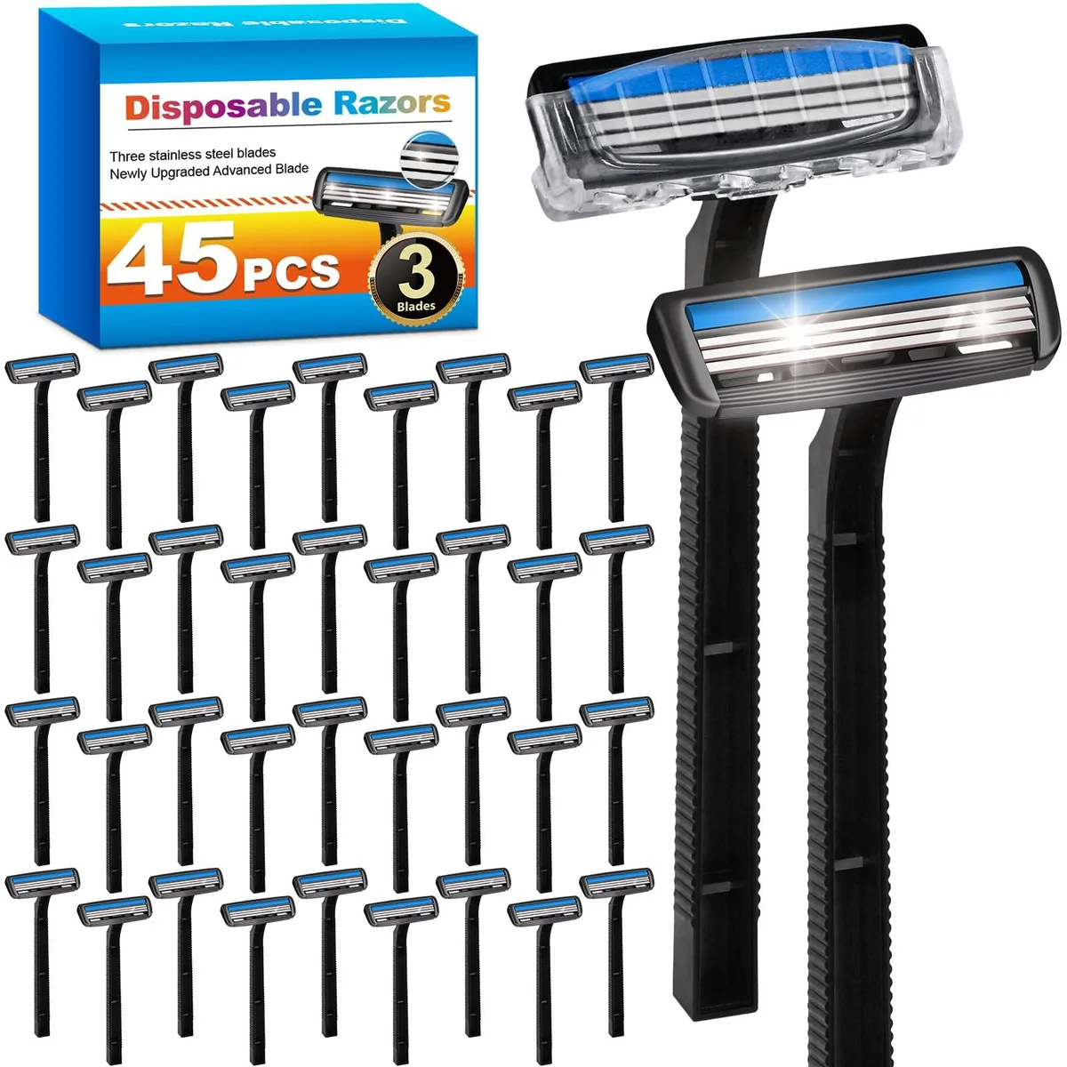 Forty-five black disposable razors with clear safety caps