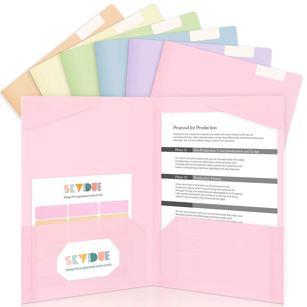Six pastel plastic letter-size folders with pockets and labels