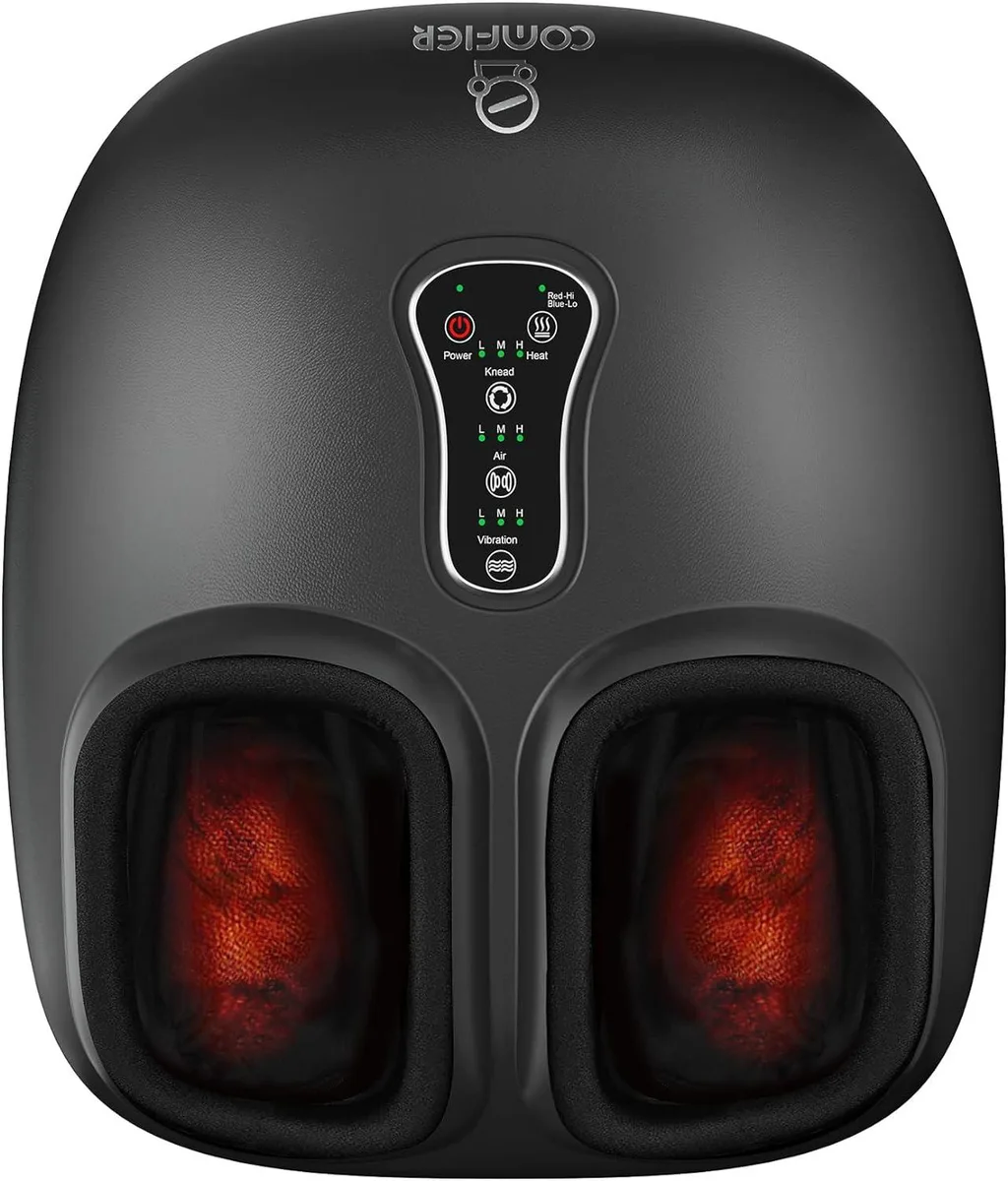 White foot massager with grey fabric sleeves, control panel on top, compact floor unit
