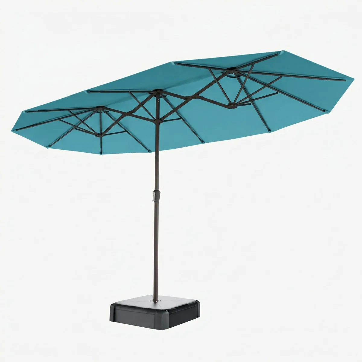 Sky blue double-sided patio umbrella with crank handle and base, 15ft canopy