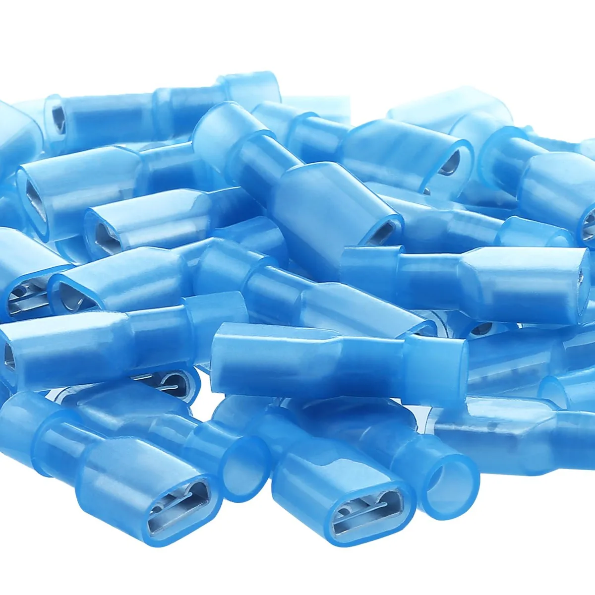 Blue female spade connectors, 100 pack, 16-14 AWG, translucent nylon insulation