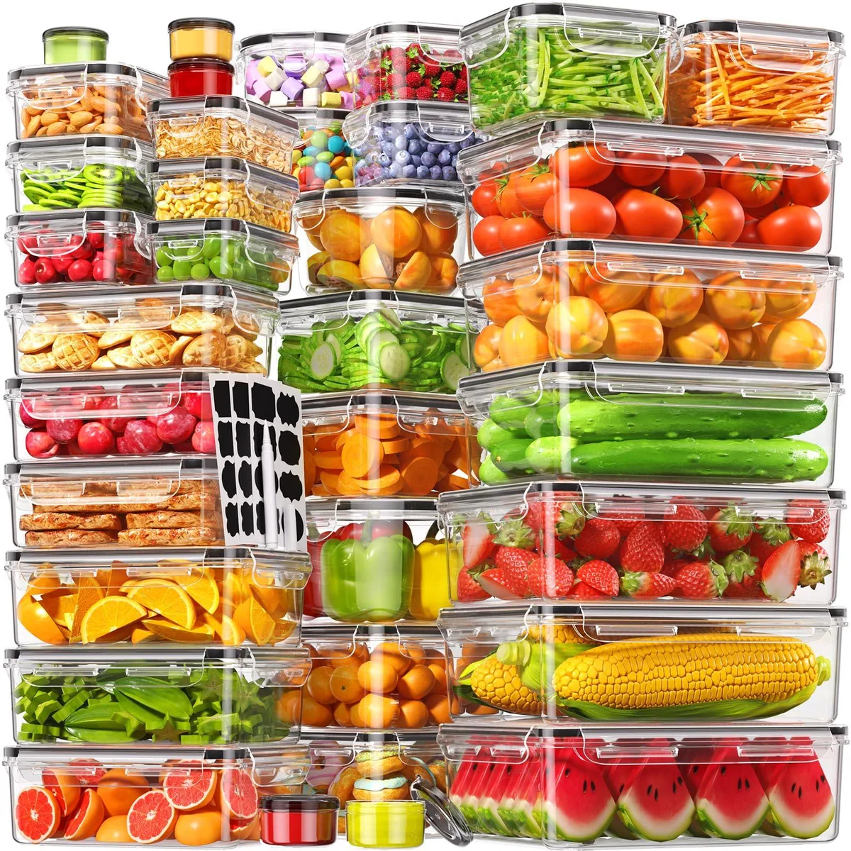 Red 70 piece airtight food storage set with rectangular round and square containers and lids labels and pen
