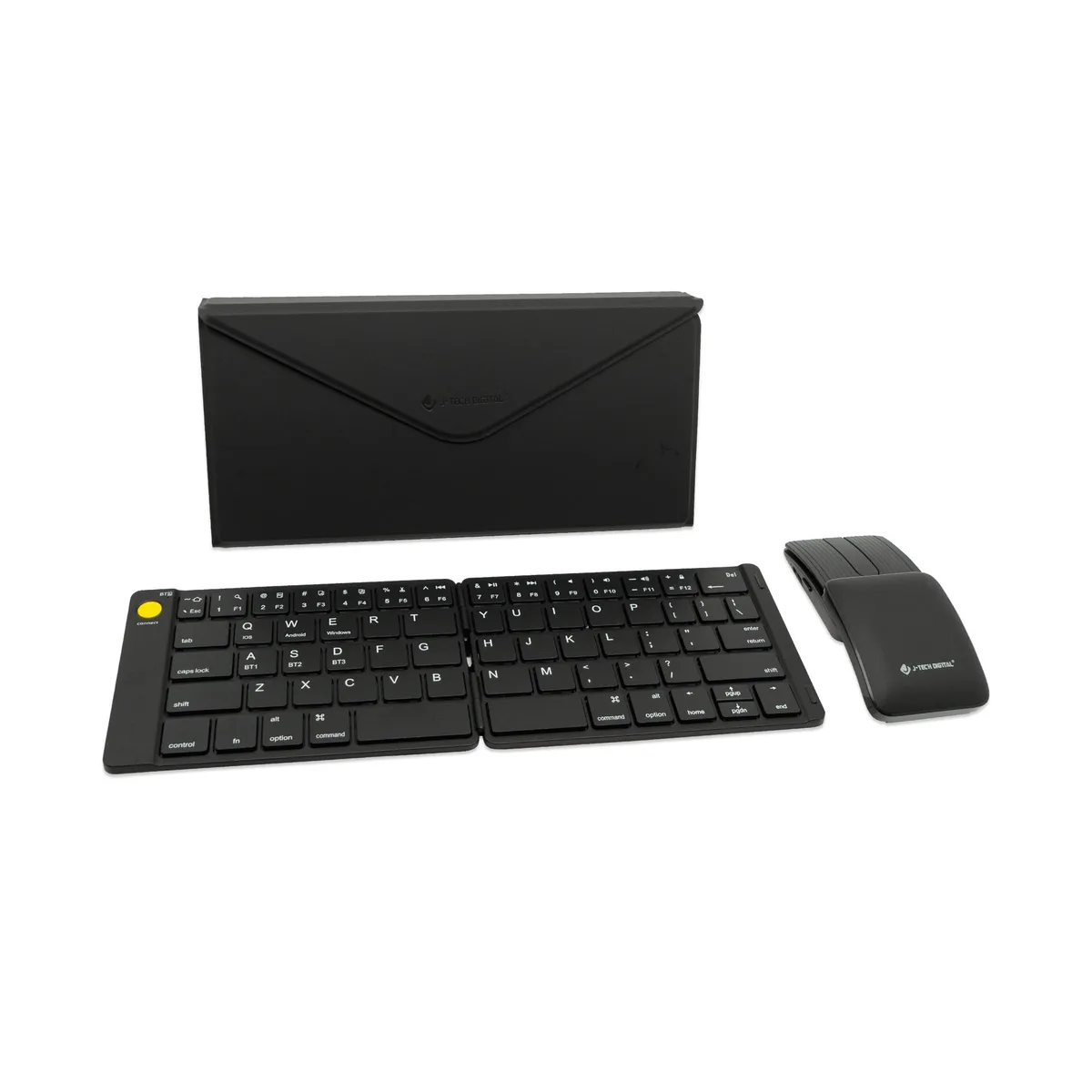 Black foldable Bluetooth keyboard with sliding mouse in leather case stand