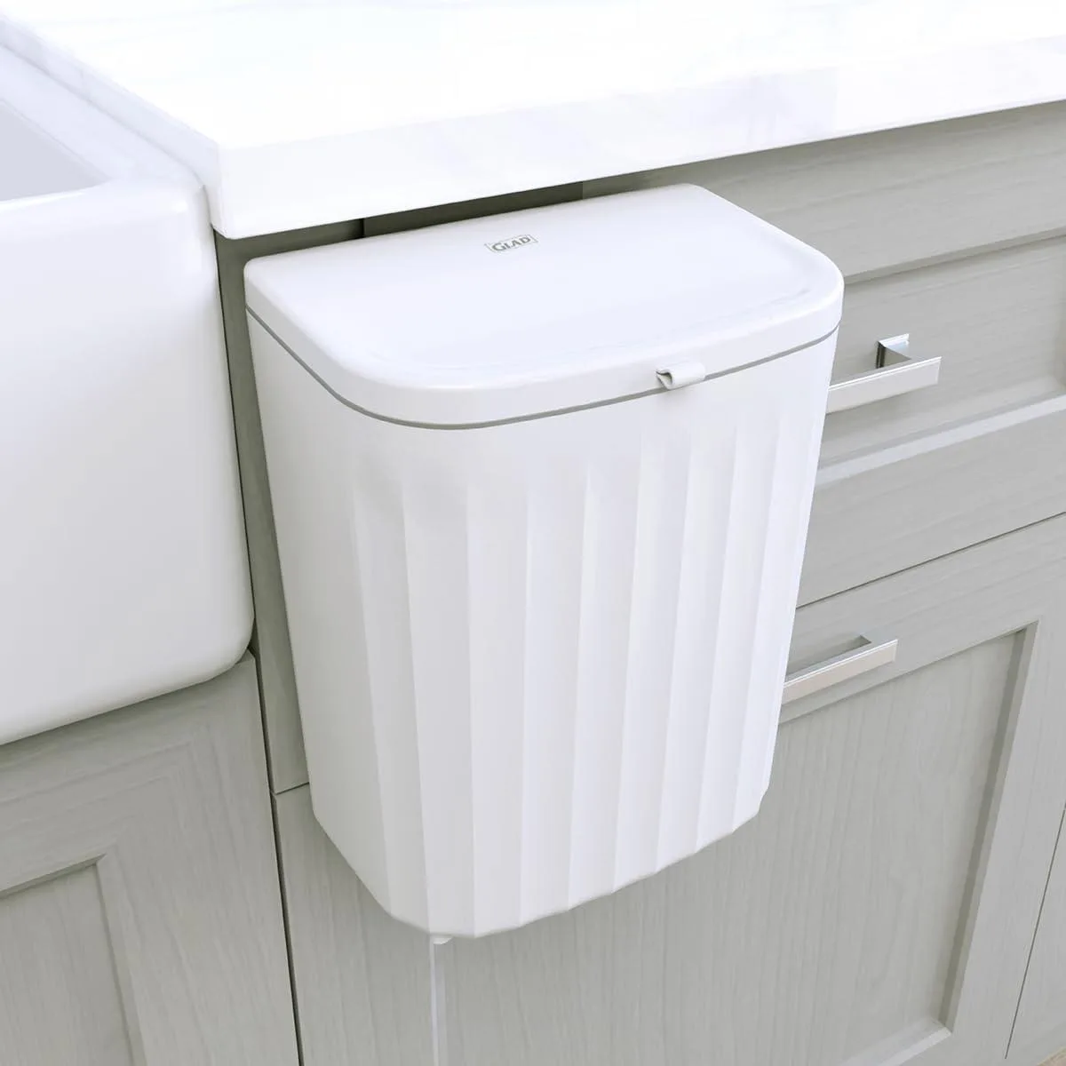 White plastic under-counter waste bin with dual lid, 6.1 x 9.4 x 11.75 in, 9 L capacity, 12 pack
