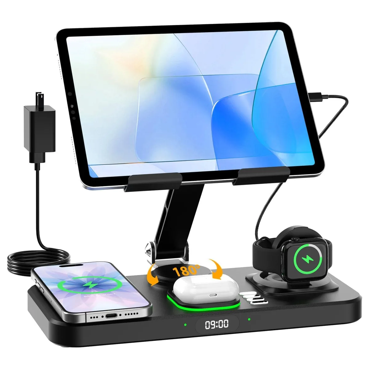 Black foldable wireless charging station with clock display and 7-color light, stands for phone, watch, earbuds, wired iPad charging
