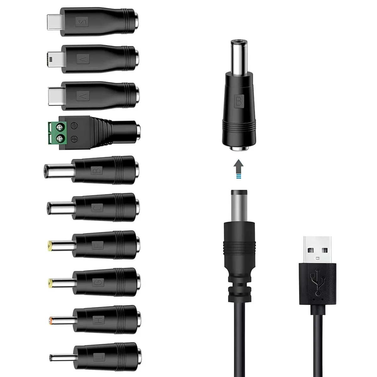 Blue USB cable with DC 5.5x2.1mm plug and 10 interchangeable connector tips