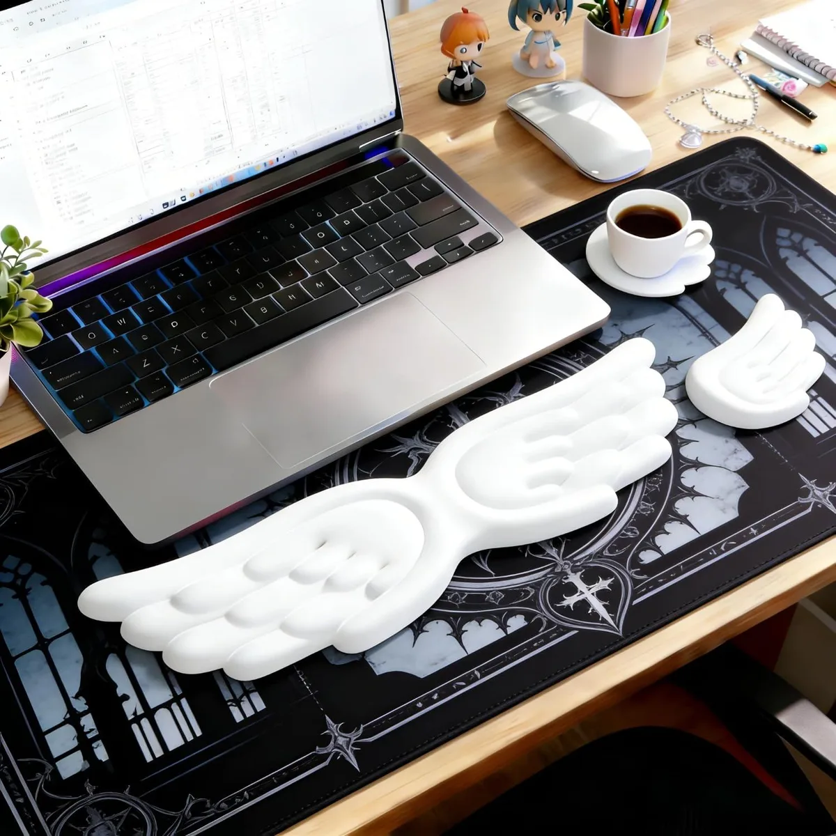  Angel Wing Wrist Rest Set White 17.5 x 5.2 in with 6.3 x 3.5 in Mouse Pad — product photo