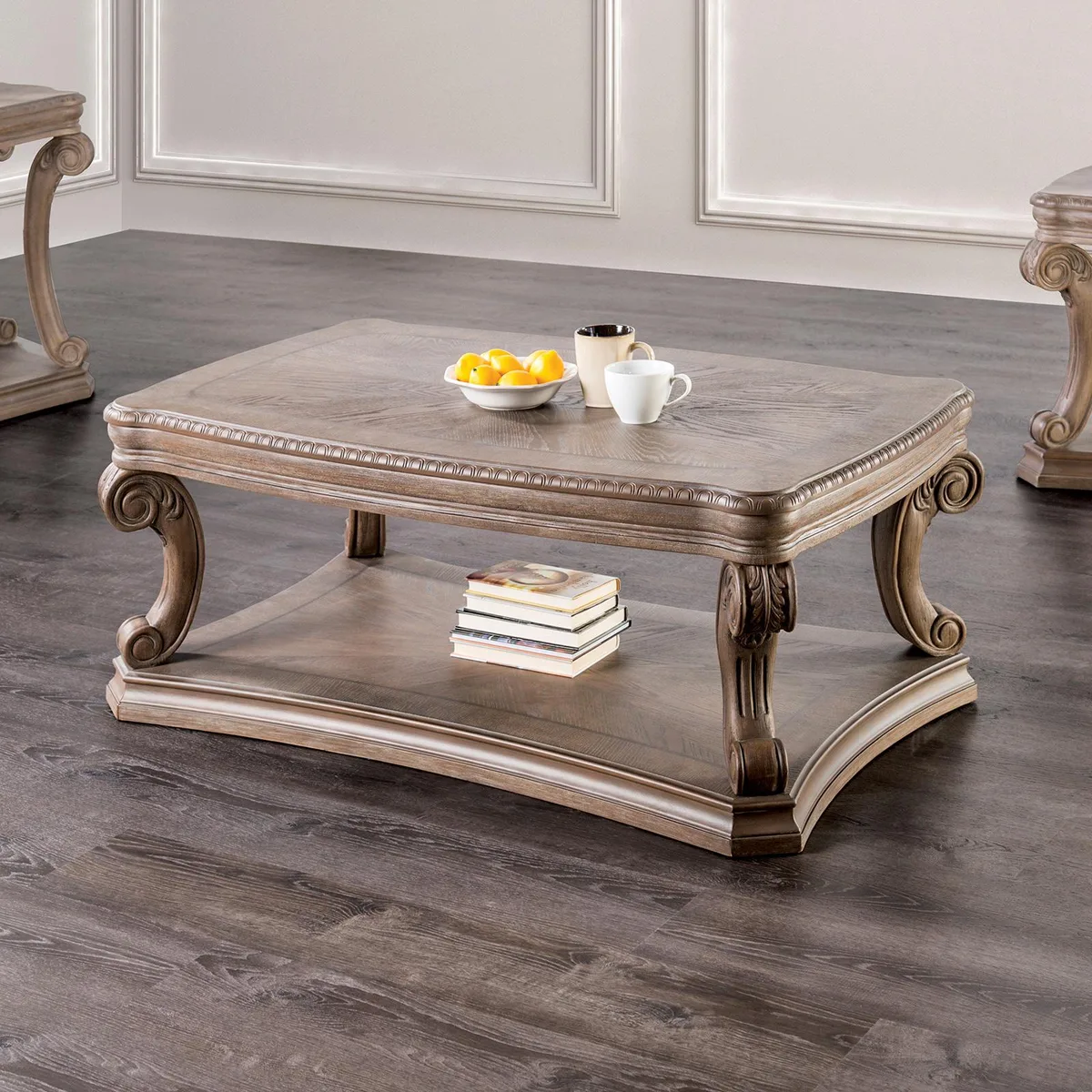 tuphen tuphen Coffee Table Oak Finish Scroll Legs Dentil Moldings Open Shelf — product photo