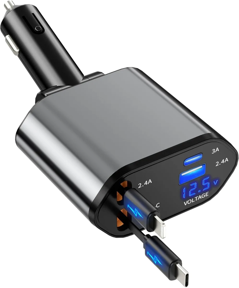Hamzan Hamzan Retractable Car Charger 4 in 1 USB-C USB-A 80cm 180° — product photo