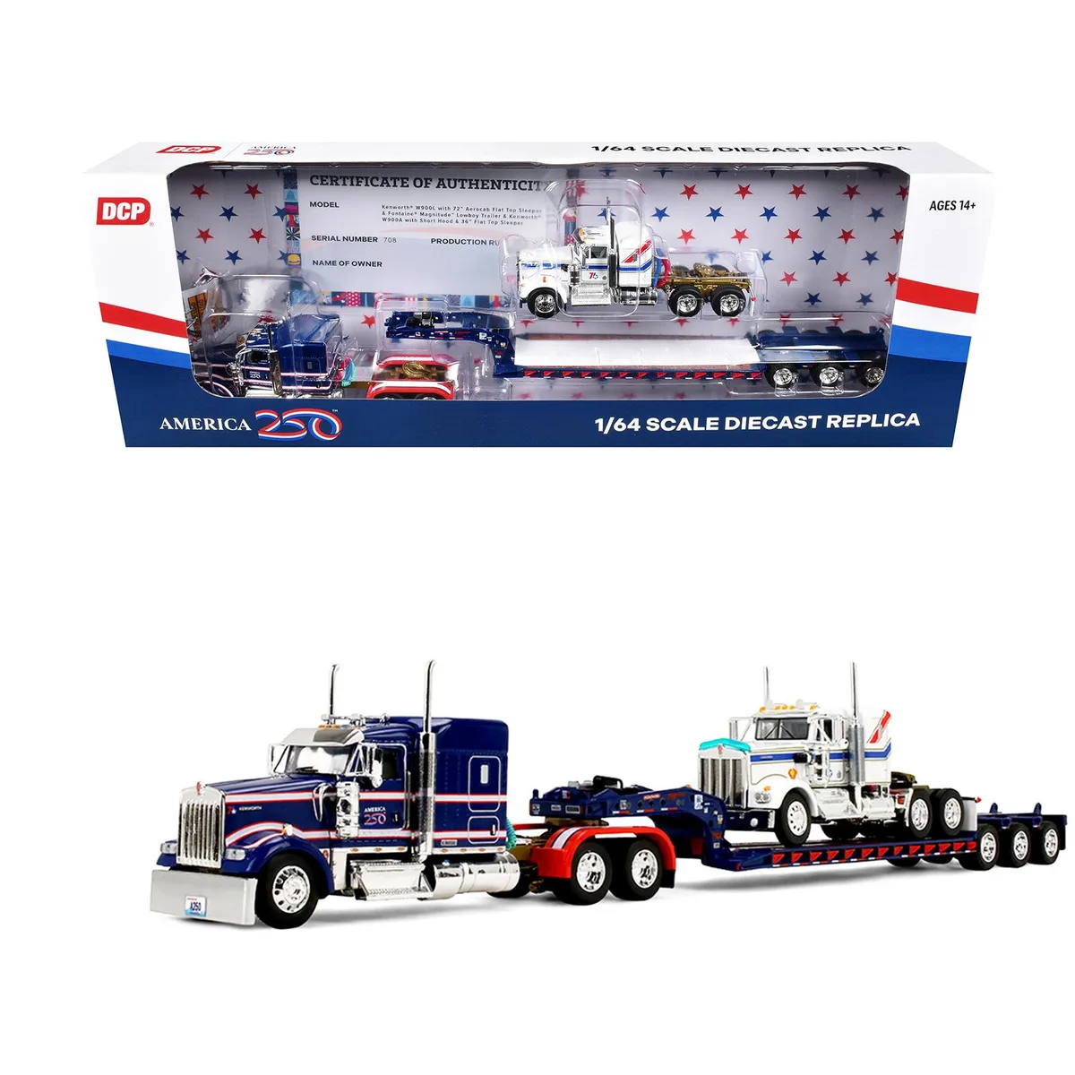 First Gear First Gear Kenworth W900L 72" Aerocab Blue/White w/ W900A Load 1/64 Diecast — product photo