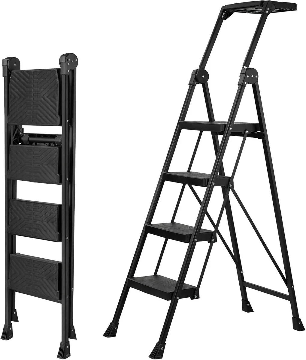Silver four-step steel ladder with foldable handrail and integrated tool tray, folded flat to 3.74 inches thick