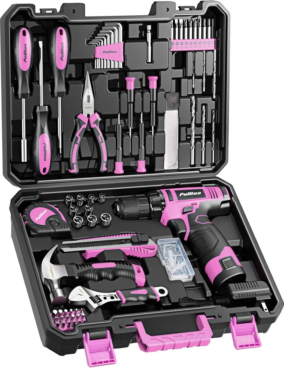 Pink 12V cordless drill in blue finish with 149-piece tool set in sturdy case