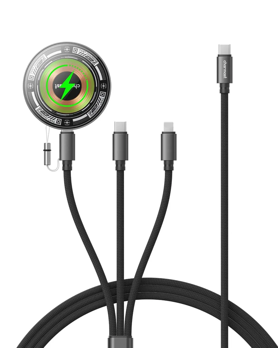 Compact black 5-in-1 charger with braided cables and magnetic wireless puck