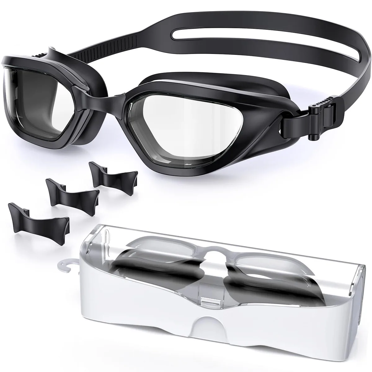 Black silicone swim goggles with curved HD lenses and adjustable strap