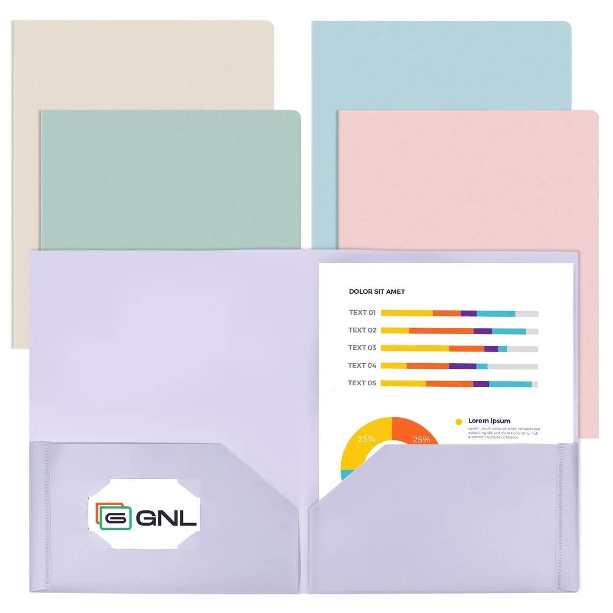 Five pastel plastic two-pocket folders in a pack