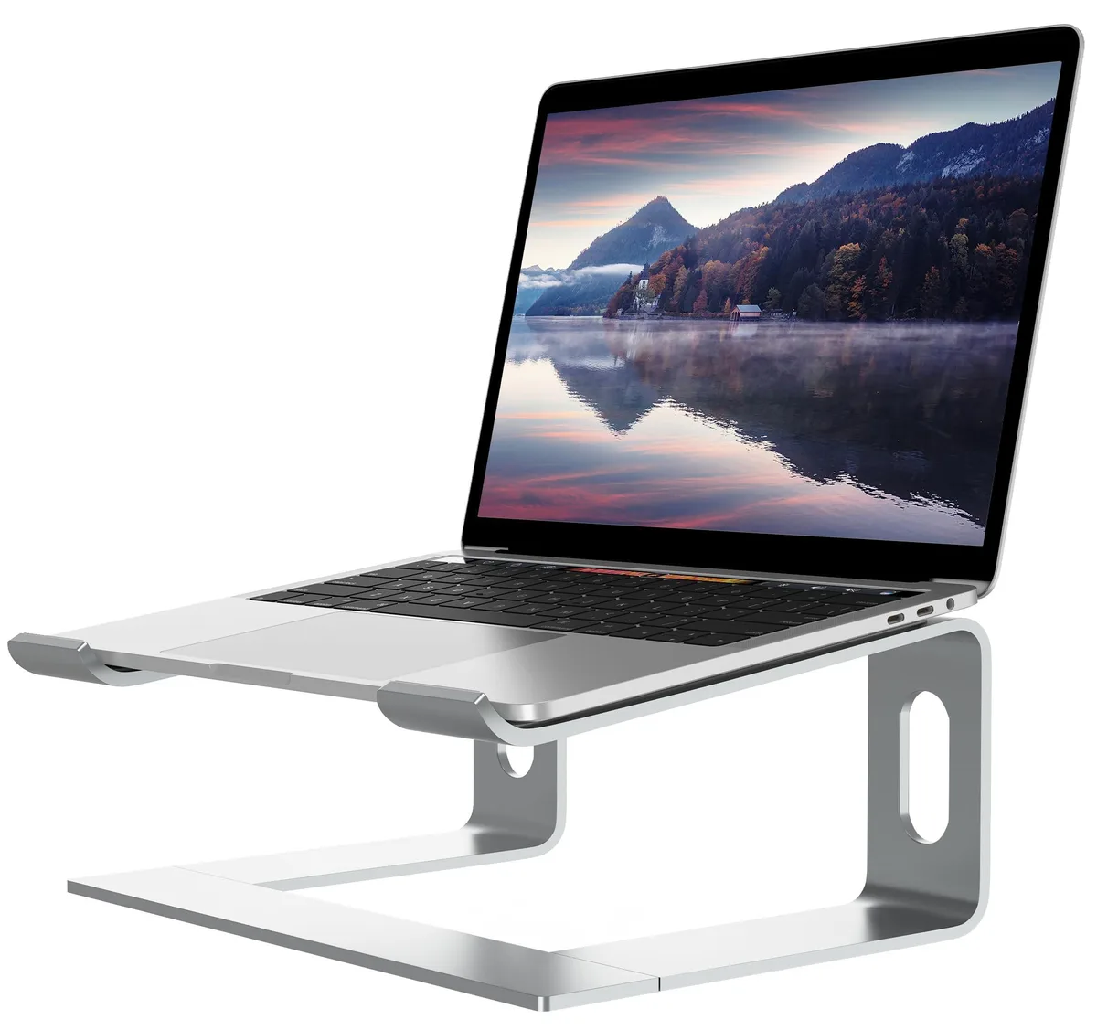 Silver aluminium laptop stand, adjustable height 5.7 to 8.6 inches, open design for cooling