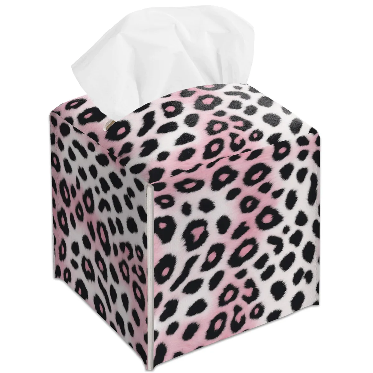 Pink cheetah-print leather tissue box cover, 5.2-inch square with Velcro closure