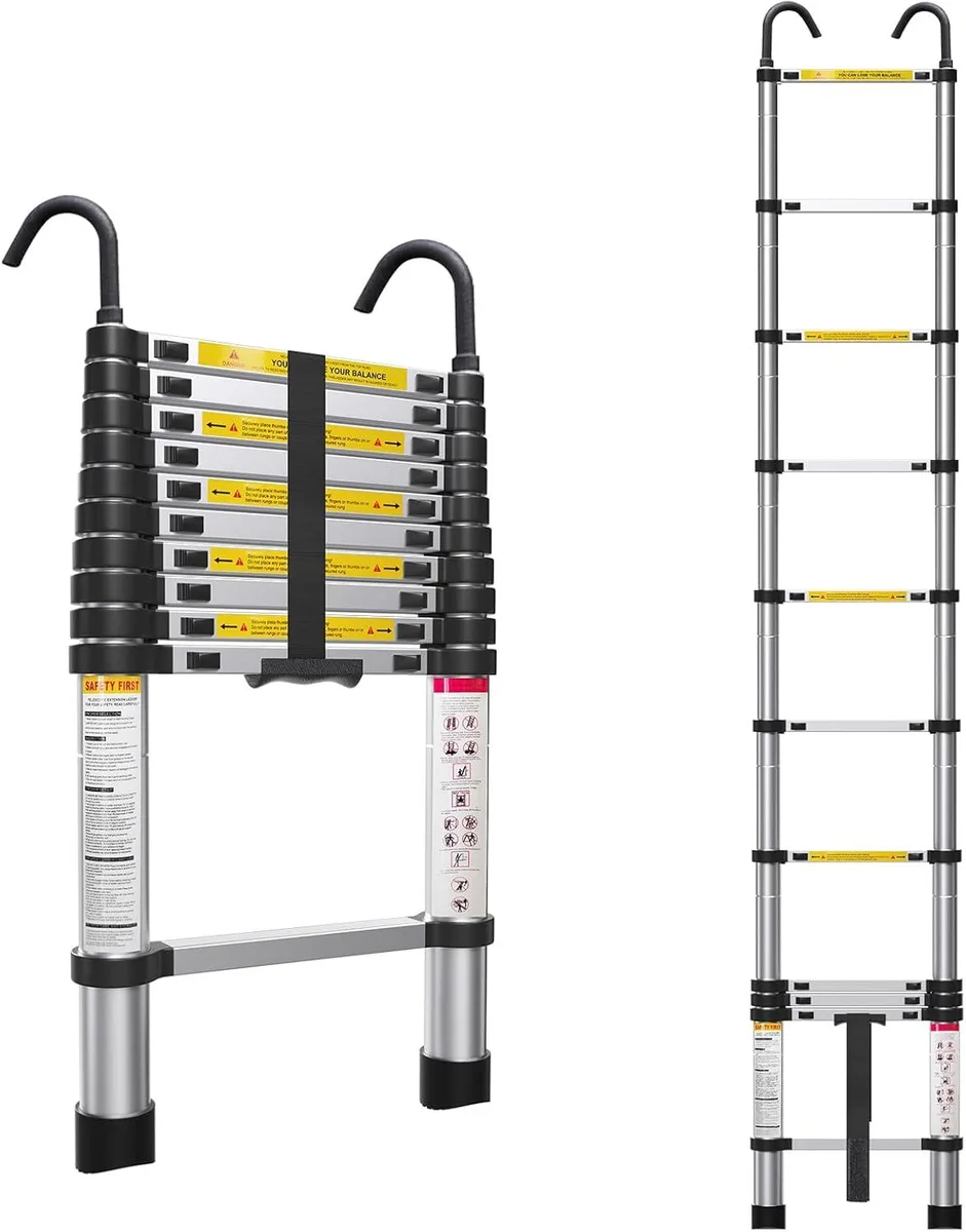 Silver aluminium telescoping ladder collapsed with top hook and black rubber feet
