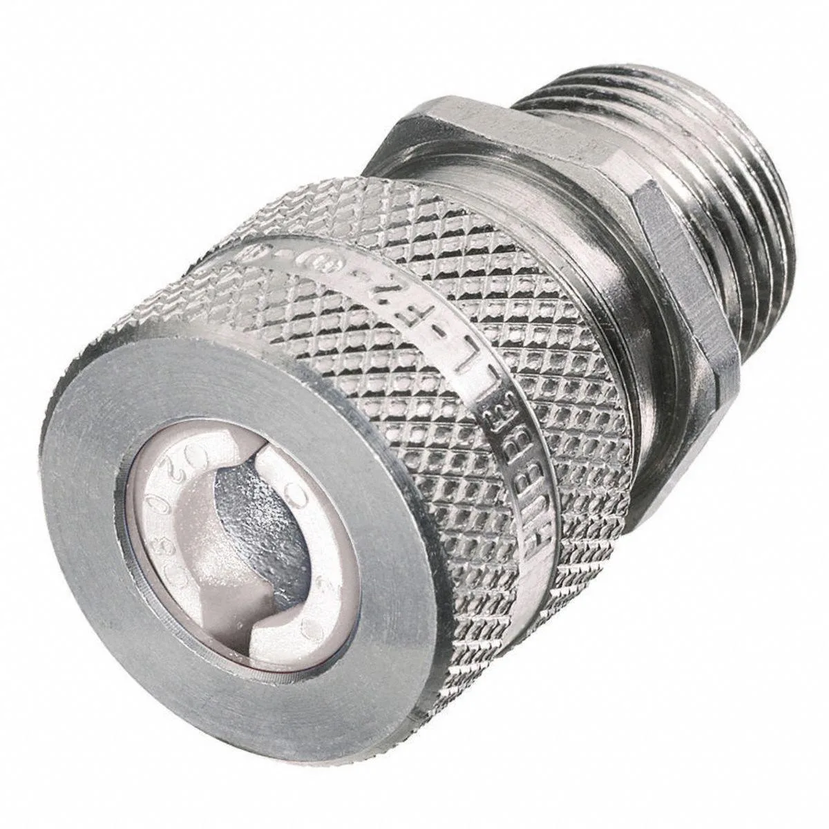 Aluminium liquid-tight cord connector, silver body, white gland, straight style