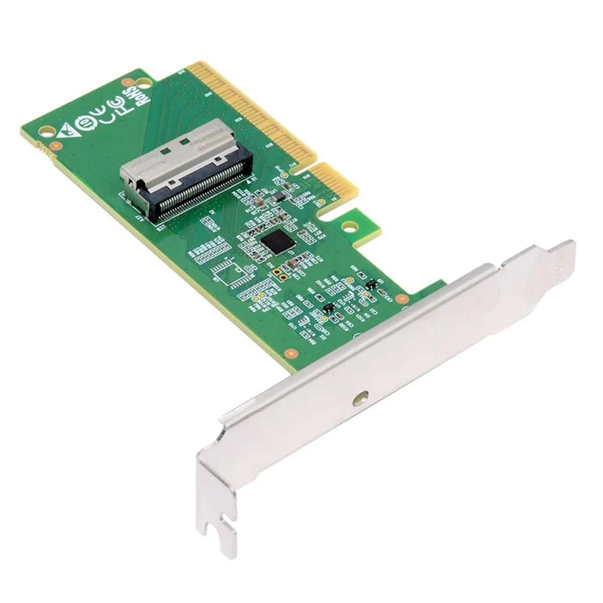 Green rectangular PCB with gold PCIe 5.0 x8 edge connector and two MCIO sockets, one 74-pin and one 38-pin