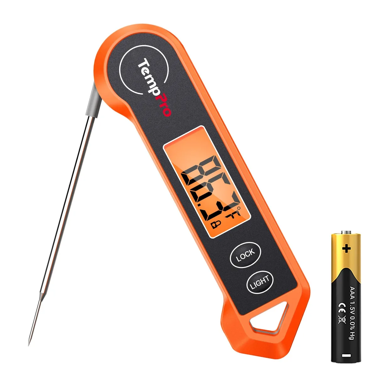 Bright-orange digital meat thermometer with fold-out stainless steel probe and large backlit display