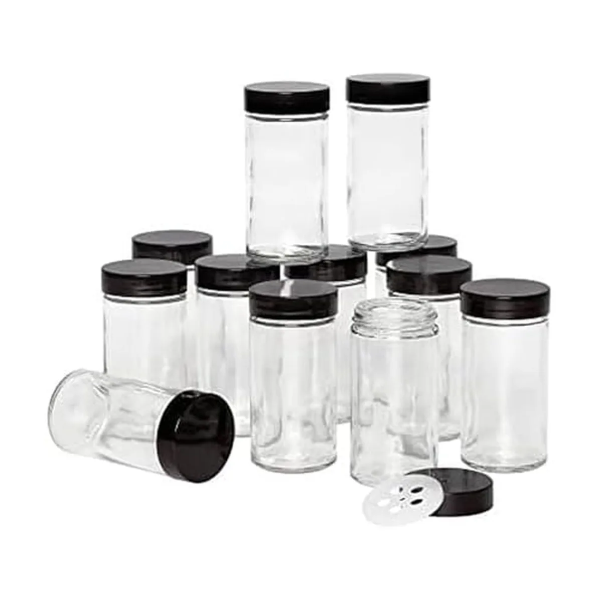 Twelve clear glass jars with black screw caps and sifter inserts, 1.77 in diameter by 3.52 in tall