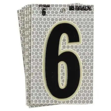 Ten sheets of die-cut vinyl number six labels, black characters with glow border on silver reflective background