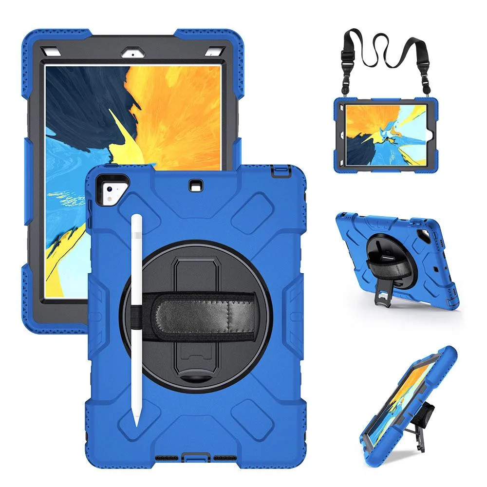 Blue rugged iPad case with rotating hand strap kickstand and shoulder strap