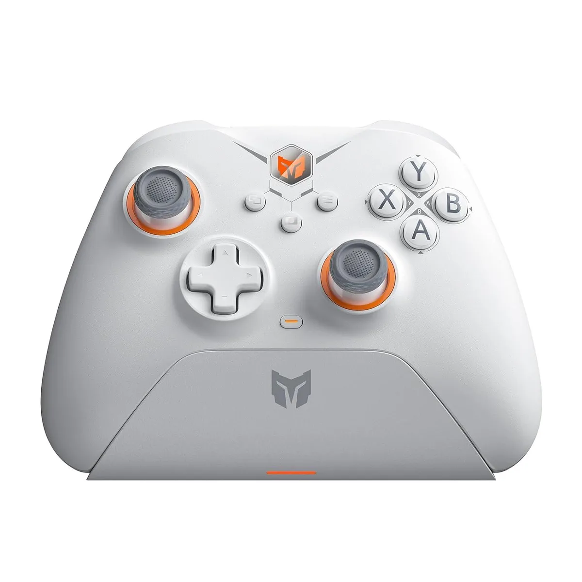 White wireless game controller with asymmetrical sticks and charging dock