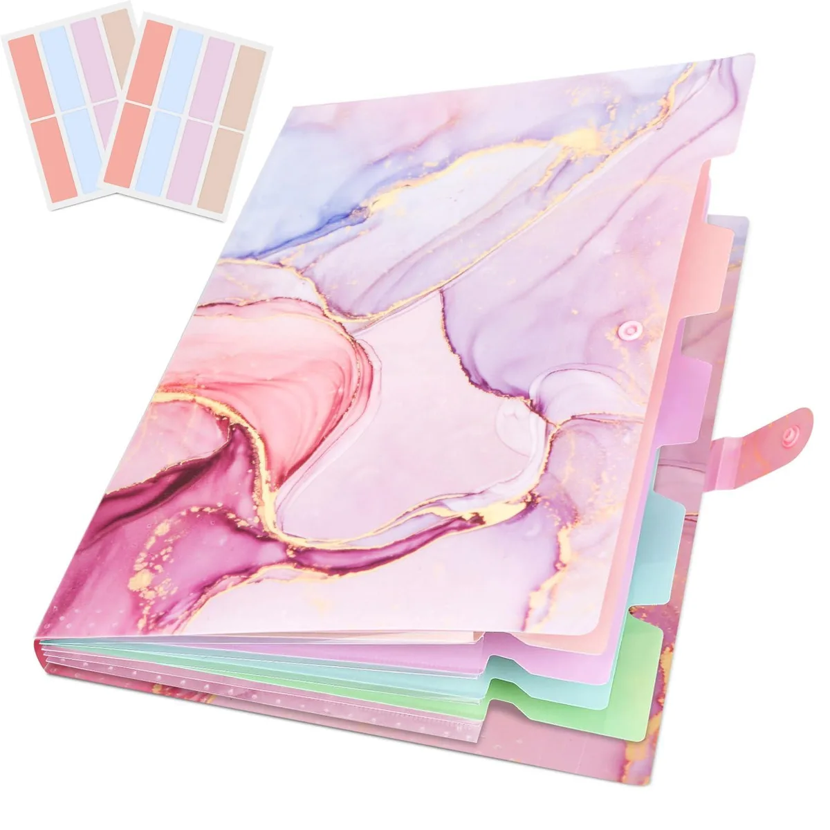 Pink Gold Marble expanding accordion folder with five pockets and labelled tabs