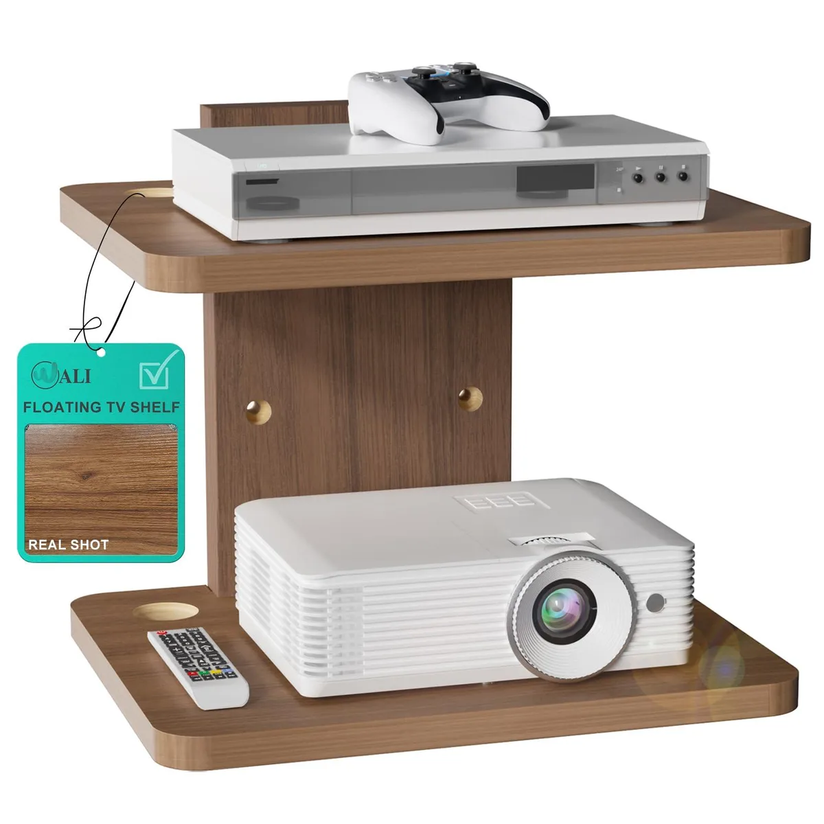 Walnut brown two-tier floating wall shelf with cable holes