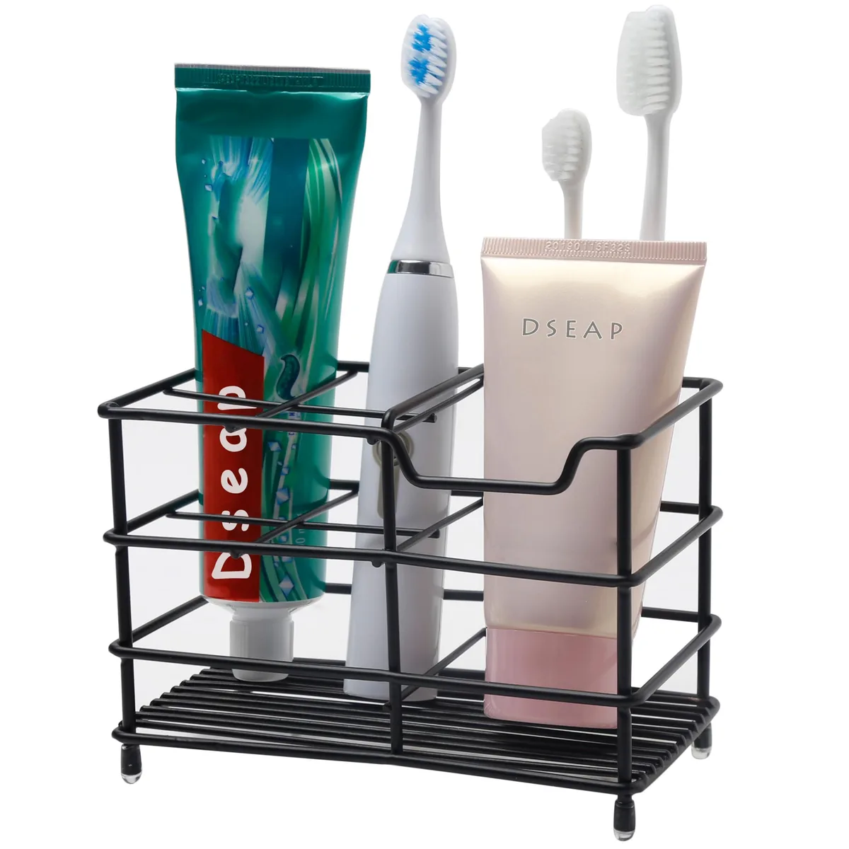 Black stainless steel toothbrush holder with five slots and silicone feet, 14.99 cm x 7.87 cm x 10.16 cm