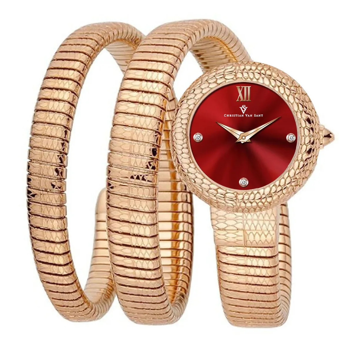Silver stainless steel watch with red dial and matching bracelet