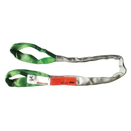 Green polyester round sling with flat eyes, six feet long