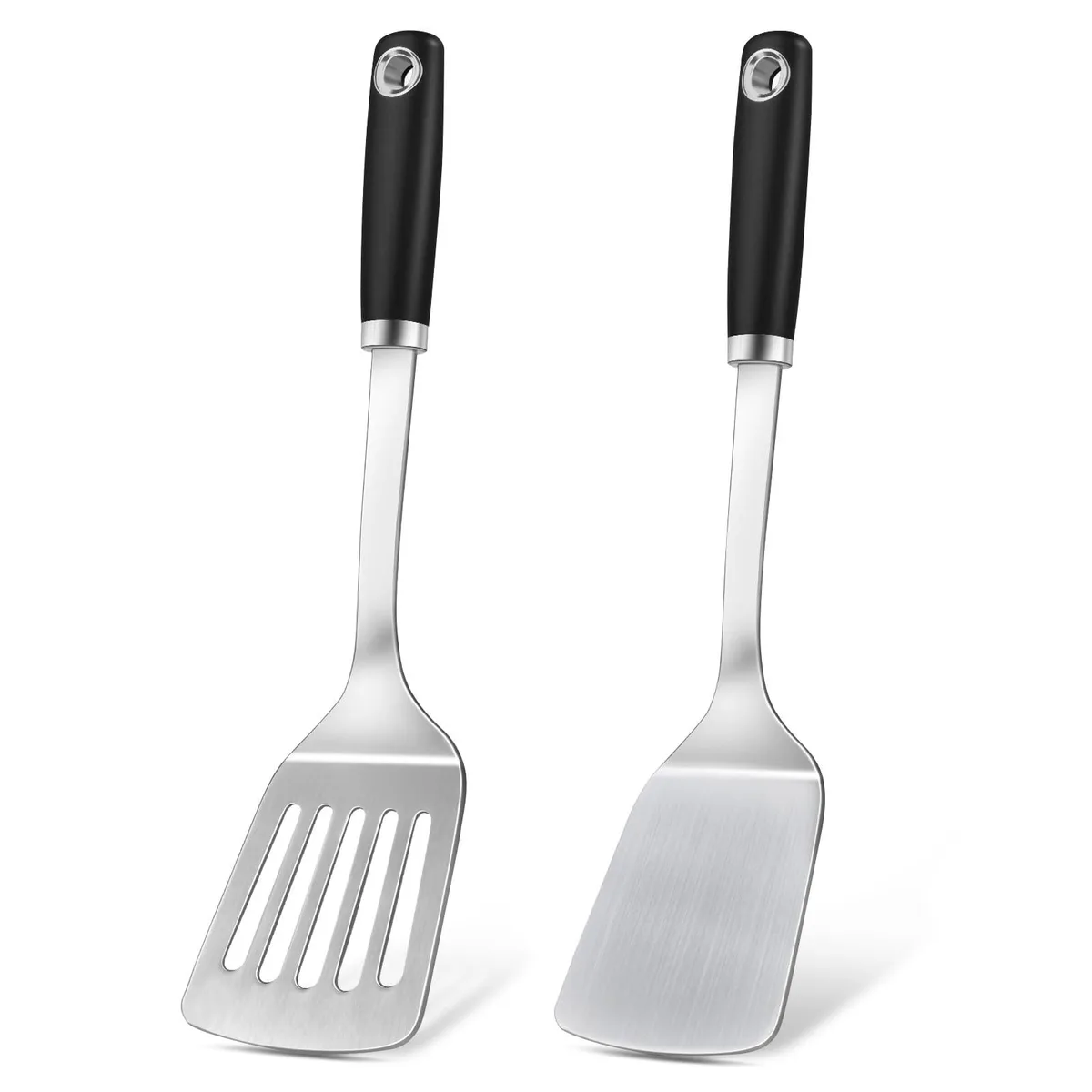 Two stainless steel spatulas, one solid and one slotted, with long silicone handles