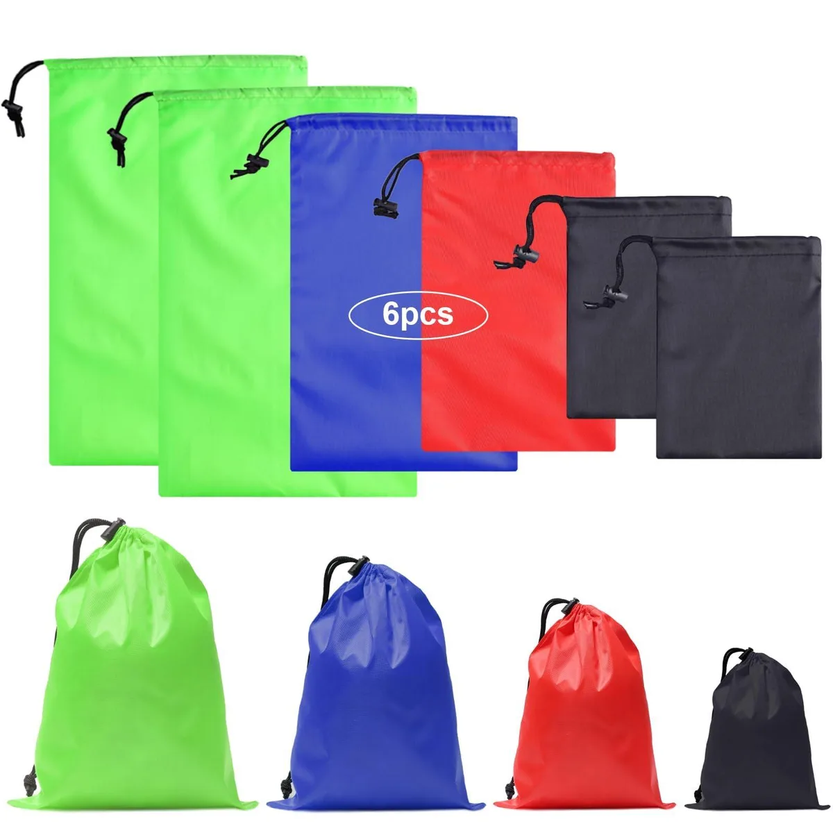 Six nylon drawstring bags in assorted colours, flat lay showing soft-shell finish and cord closures