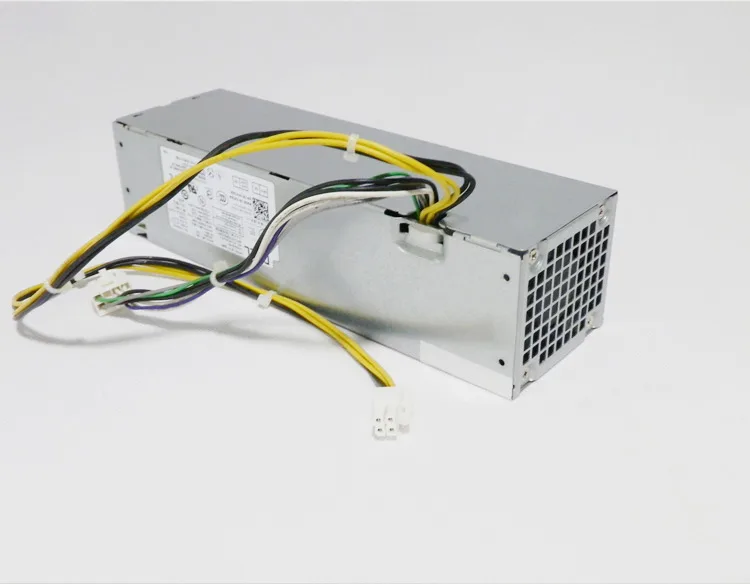 Rectangular silver metal SFF power supply unit with fan grille and label