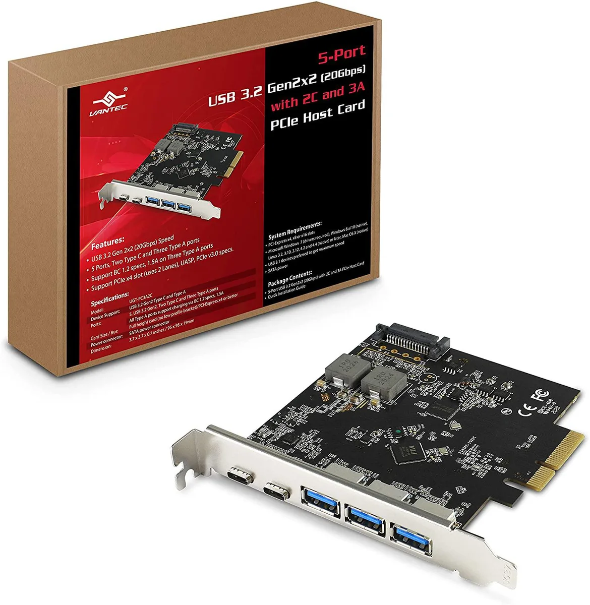 Vantec Vantec 5-Port USB 3.2 Gen2x2 (20Gbps) 2C 3A PCIe Host Card — product photo