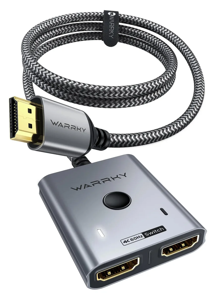  Warrky WARRKY-AV-H03 HDMI switch 2x1 4K 60Hz 3.3ft fixed braided cable aluminum case 2K 144Hz HDCP 2.2 — product photo