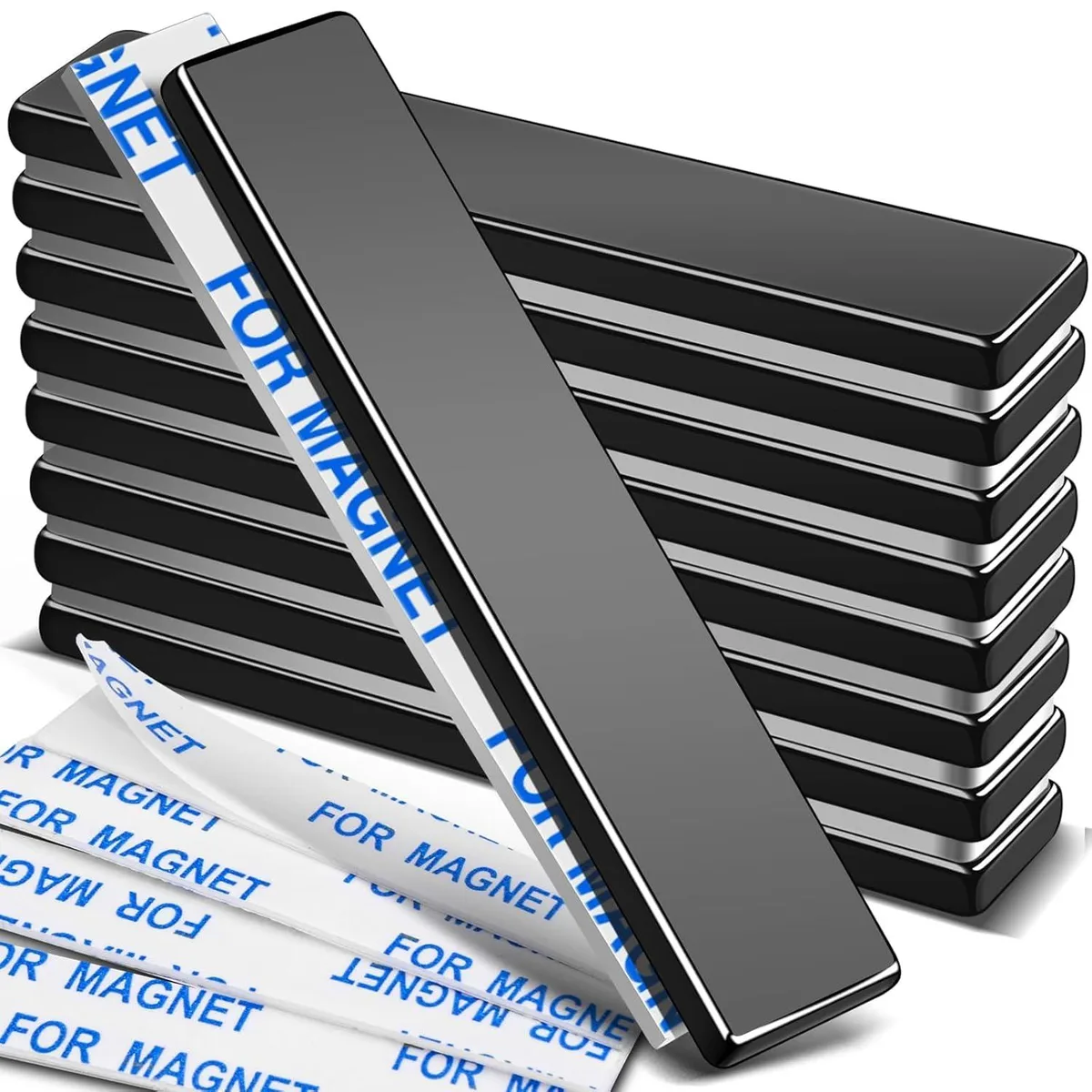 Nine black rectangular neodymium magnets with adhesive backing