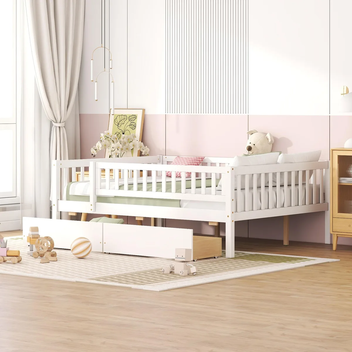 White solid-wood full-size daybed frame with two drawers and ten slats