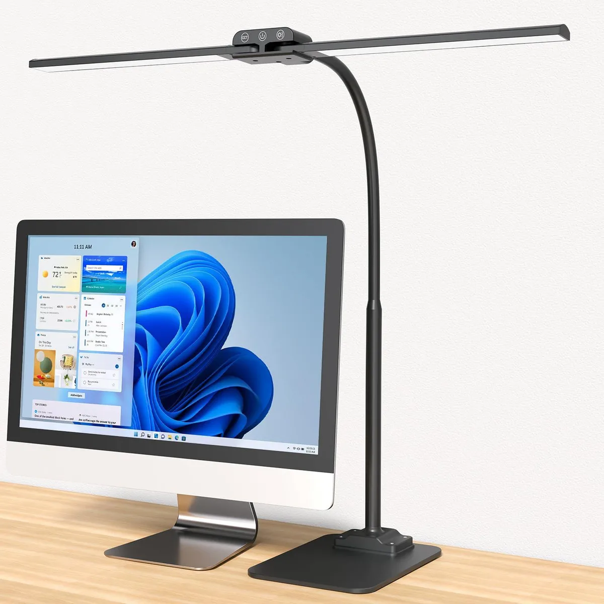Black double-head desk lamp with two adjustable LED bars on a flexible goose-neck and a heavy round metal base