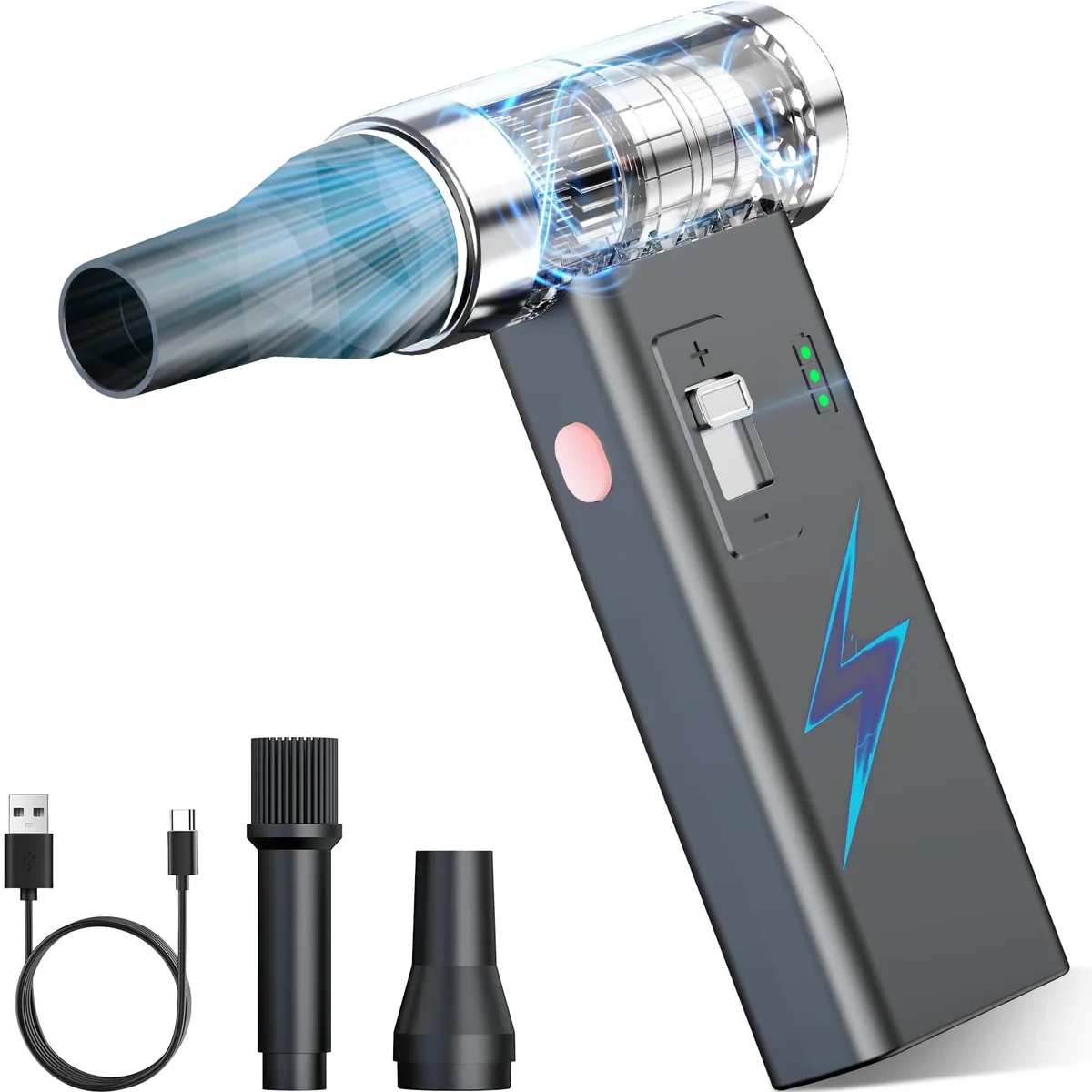Black ultra-slim electric air duster with USB-C port, 5.6 × 3.0 × 1.3 in