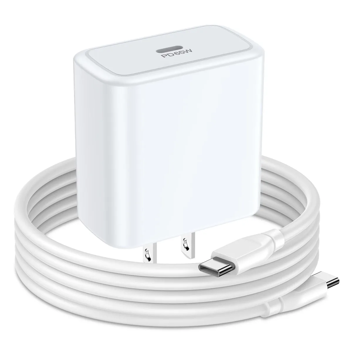 Compact white USB-C wall charger with detachable six-foot cable, matte finish