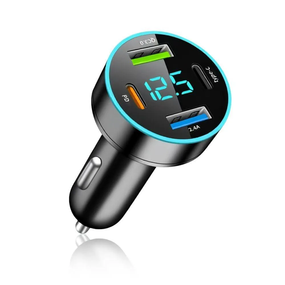 Compact four-port car charger with blue LED voltmeter display, ABS and aluminium alloy body