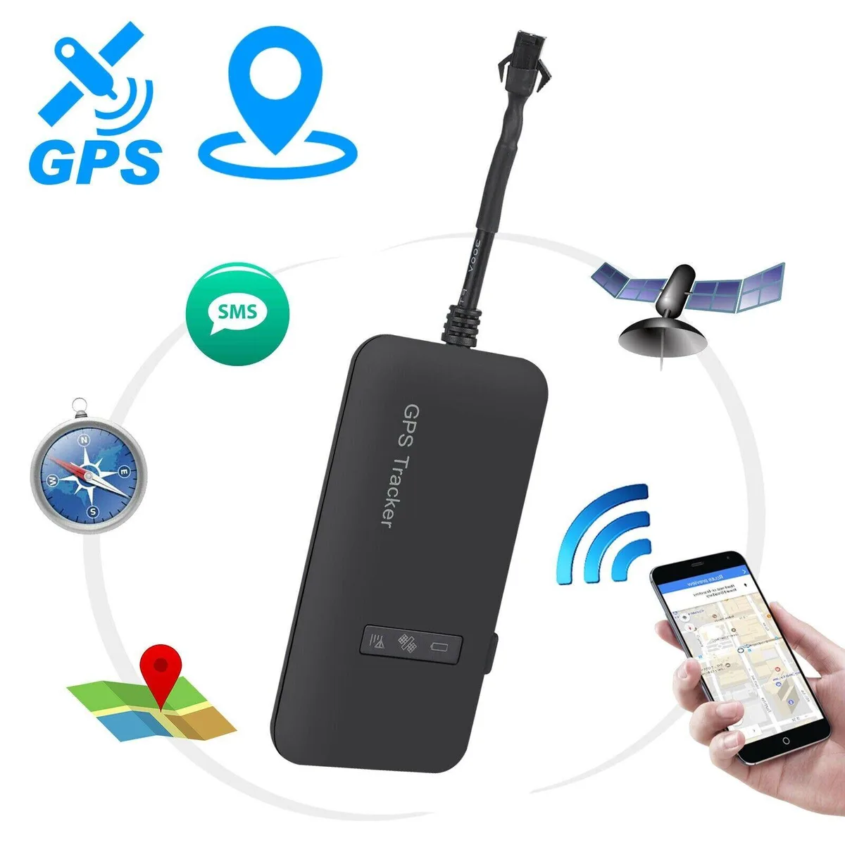Small black rectangular GPS tracker with antenna, model 48206