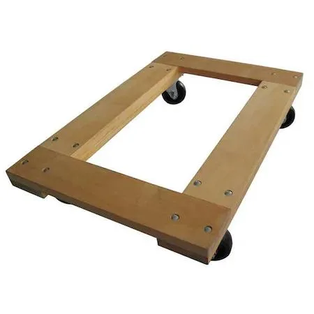 Rectangular brown wooden dolly with open deck and four swivel casters