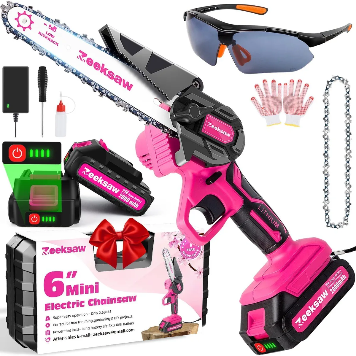 Zeeksaw Pink Mini Chainsaw 6 inch Cordless 21V 2000mAh 1.92lb — product photo